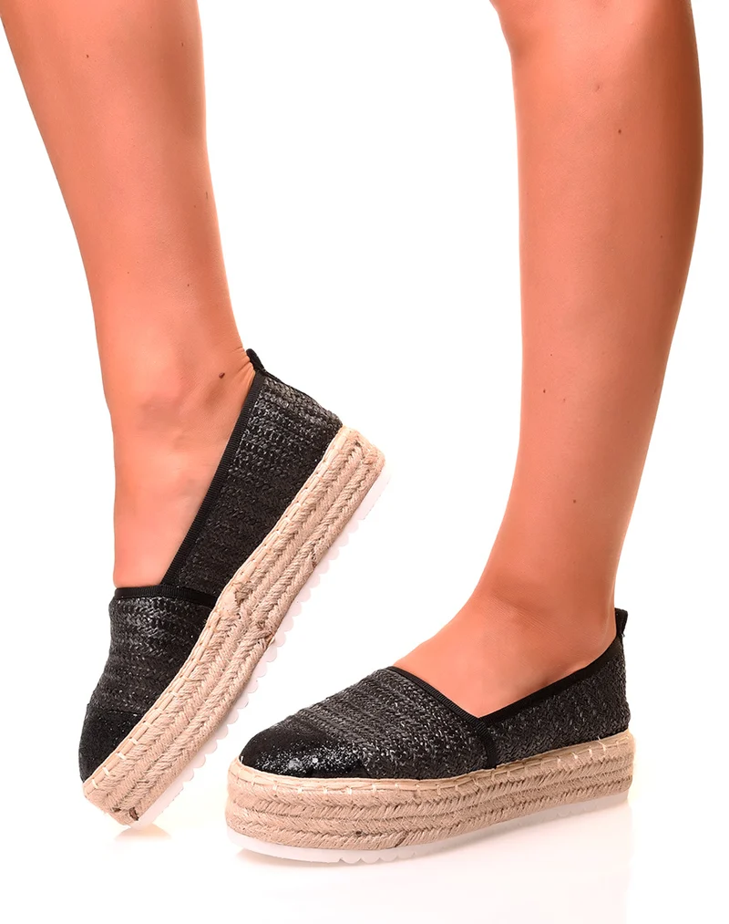 Espadrilles noires compensées à détails paillettés noirs