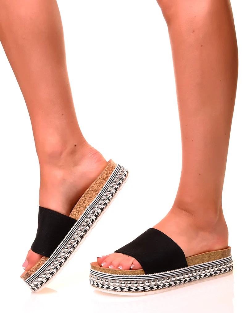 Mules noires en suédine à plateforme fantaisie