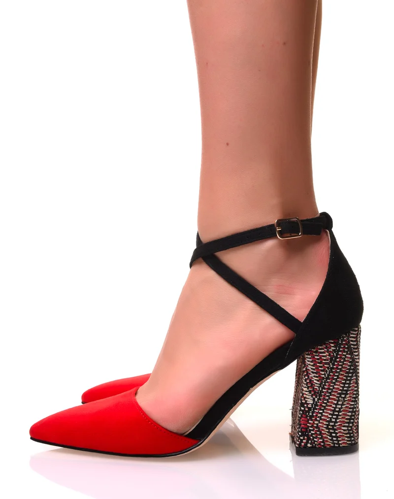 Escarpins à talons carrés tissés en suédine rouge