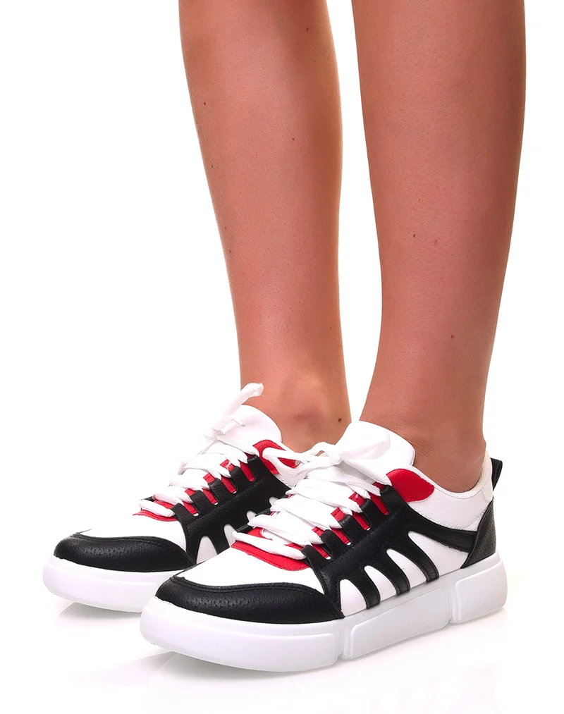 Baskets noires et rouges effet simili cuir grainé à semelles épaisses
