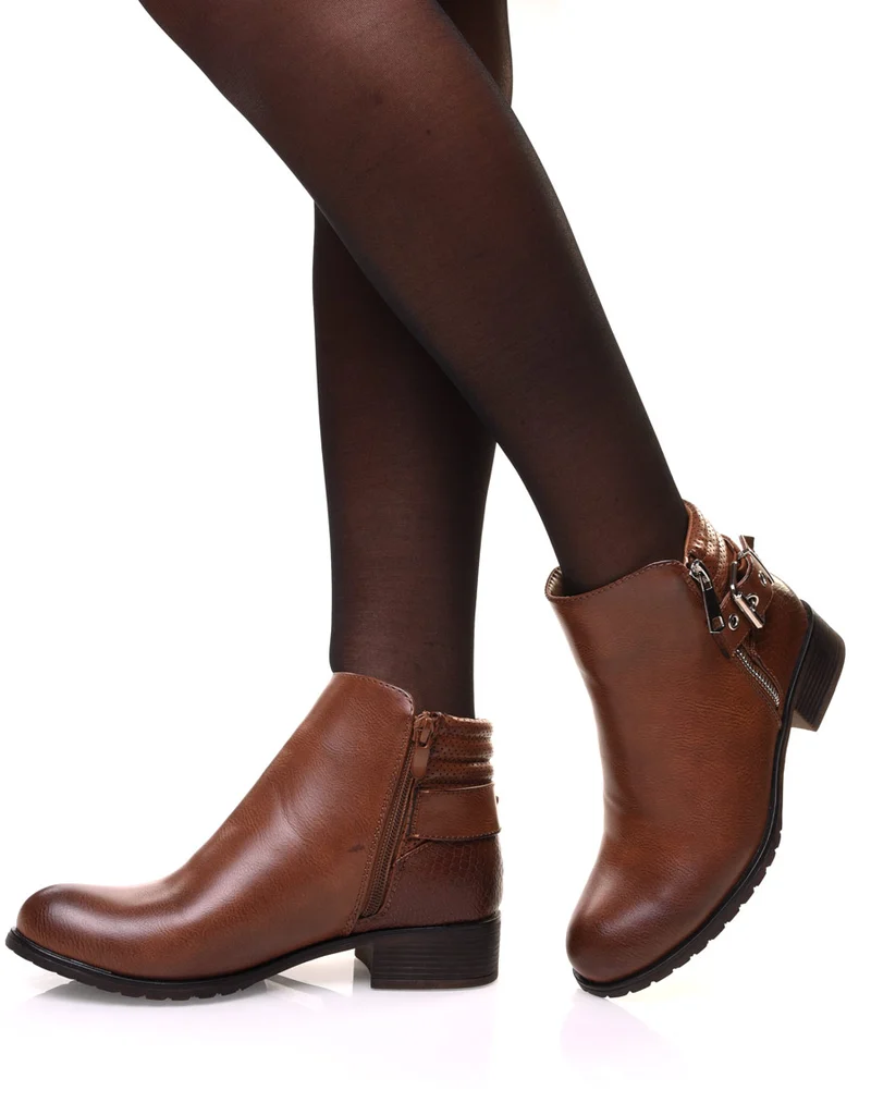 Bottines camelles bi matières à motifs python