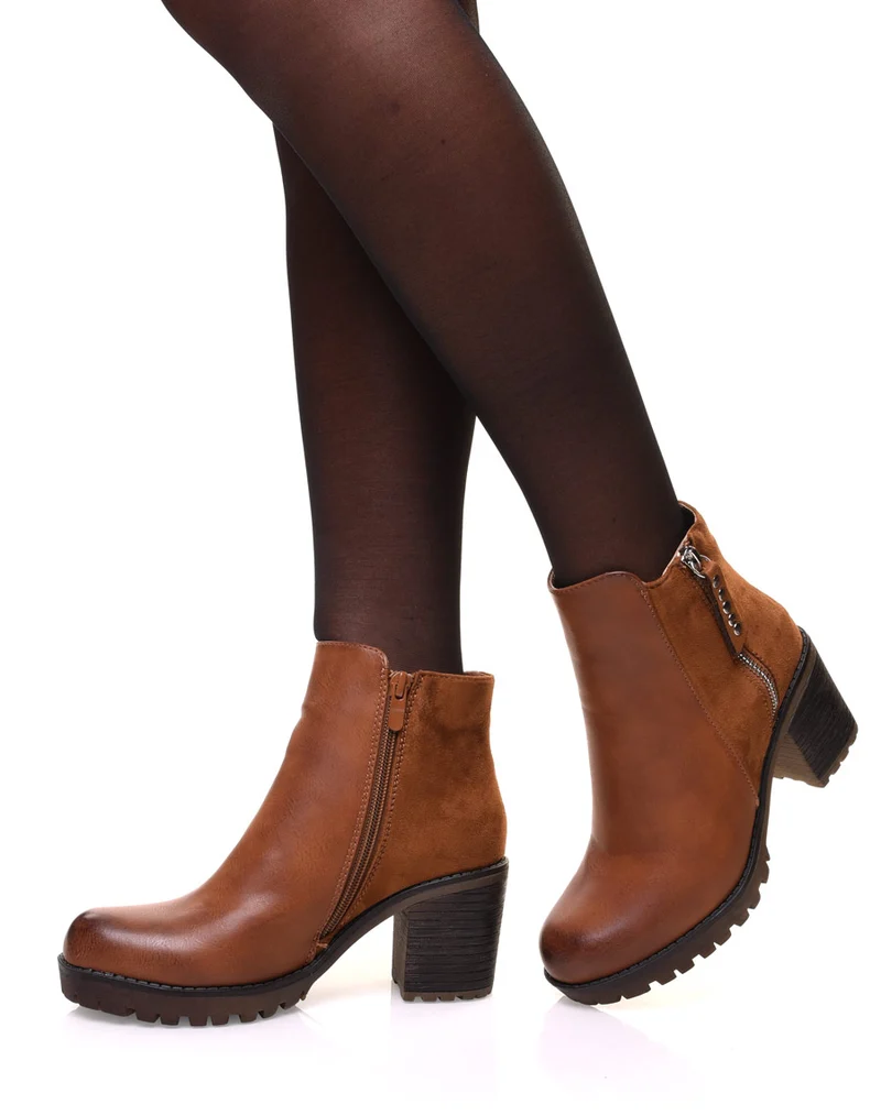Bottines camelles bi matières à talon mi haut