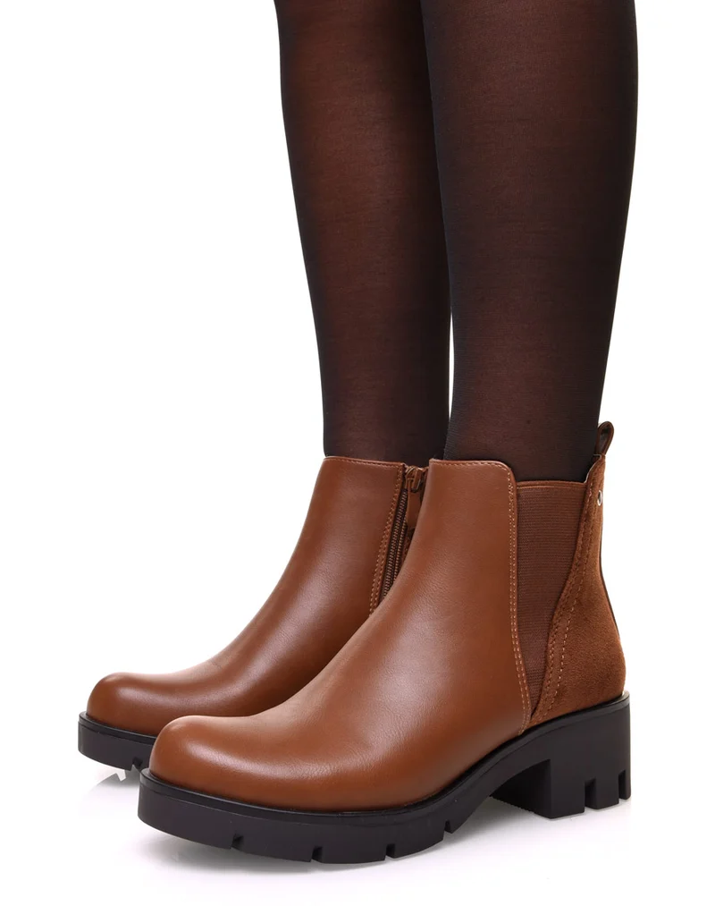 Bottines camelles bi matières et élastique échancré