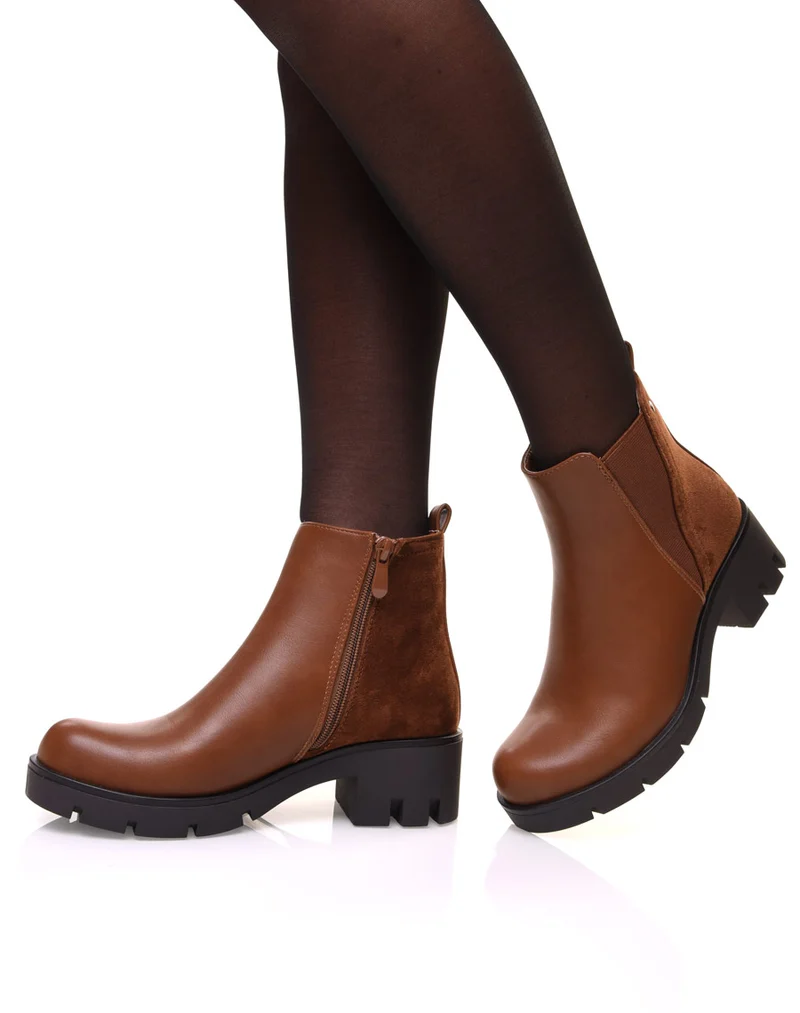 Bottines camelles bi matières et élastique échancré