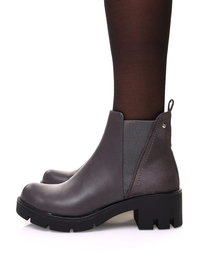 Bottines grises bi matières et élastique échancré