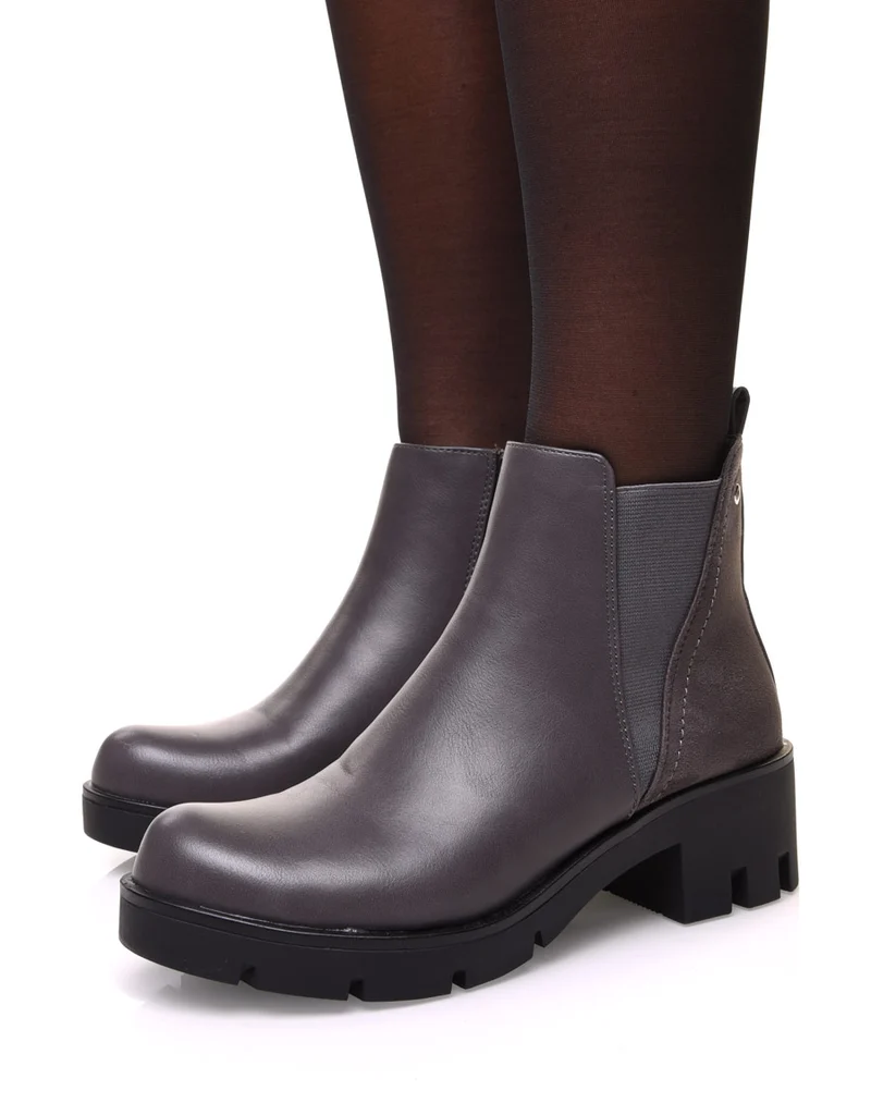 Bottines grises bi matières et élastique échancré