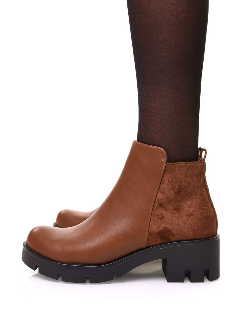 Bottines camelles bi matières à petit talon