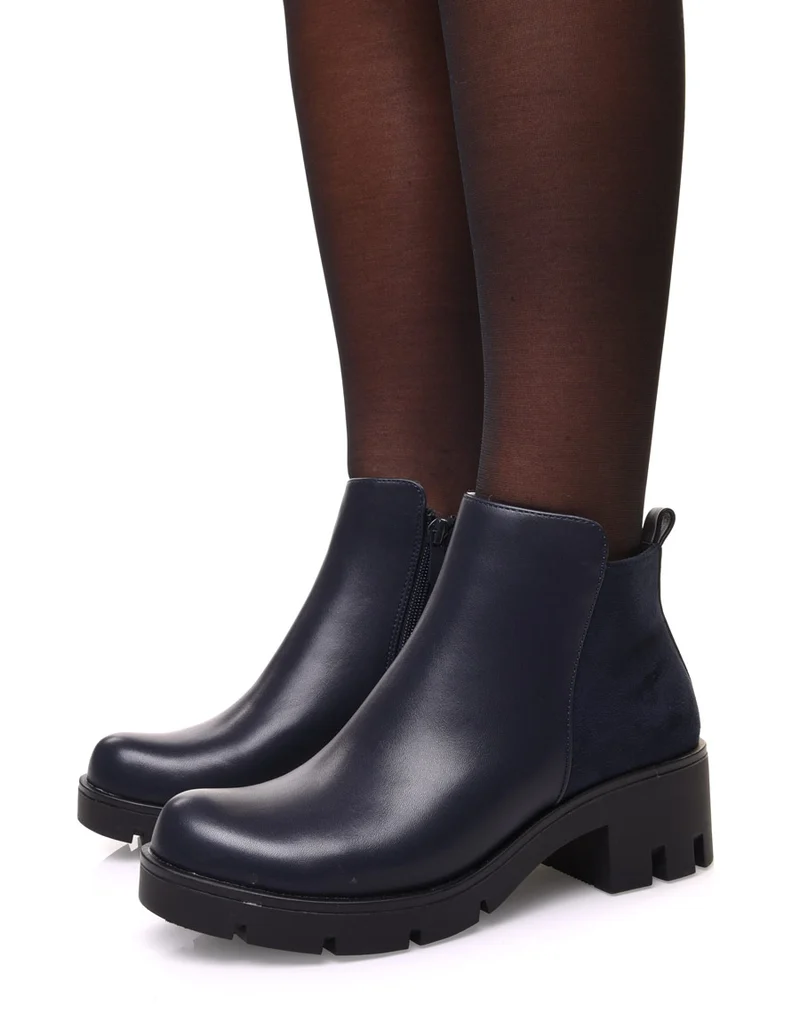 Bottines bleues bi matières à petit talon et semelle crantée