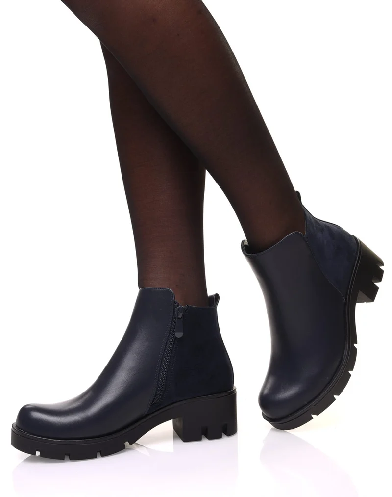 Bottines bleues bi matières à petit talon et semelle crantée