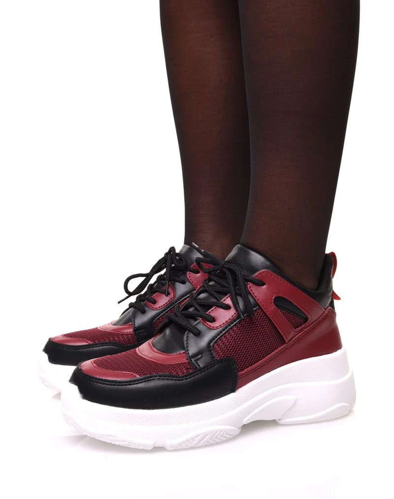 Baskets bordeaux & noires bi matières à semelle épaisse