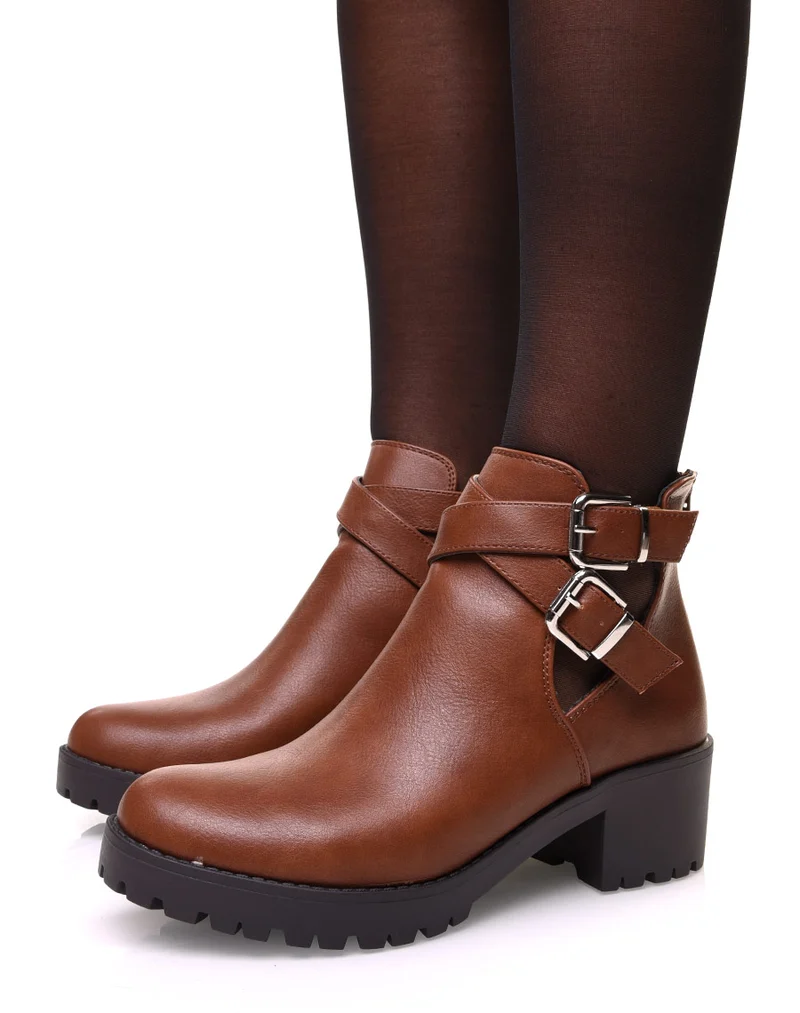 Bottines camelles ajourées à talon et semelle crantée