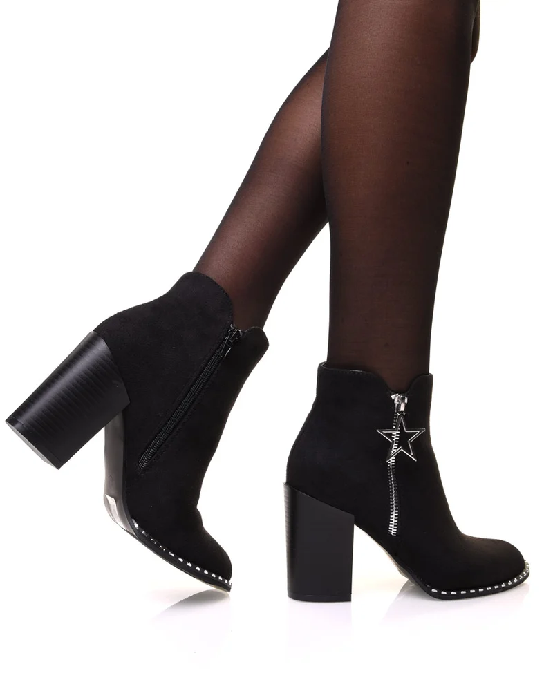 Bottines noires en suédine à talon avec détail étoile