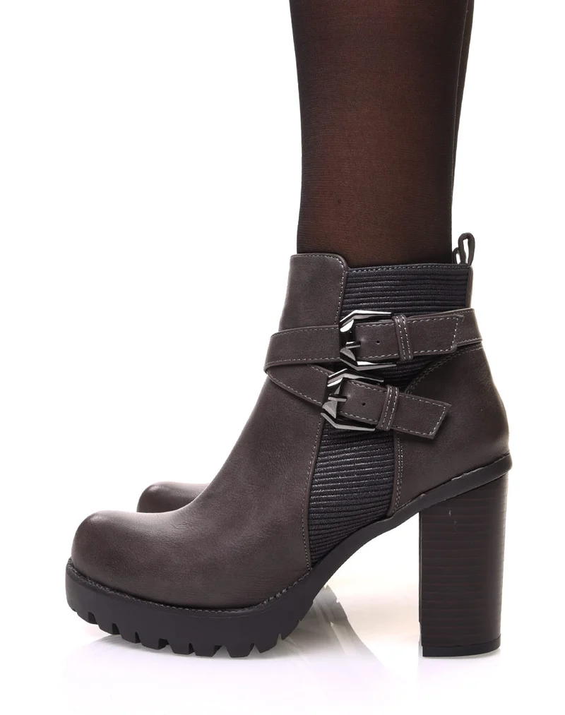 Bottines grises bi matières à talon et sangles entrelacées
