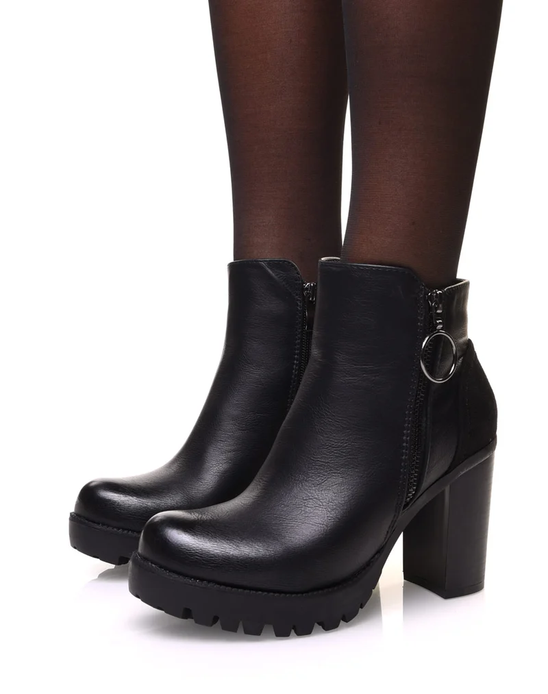 Bottines noires à talon avec fermeture éclaire décorative