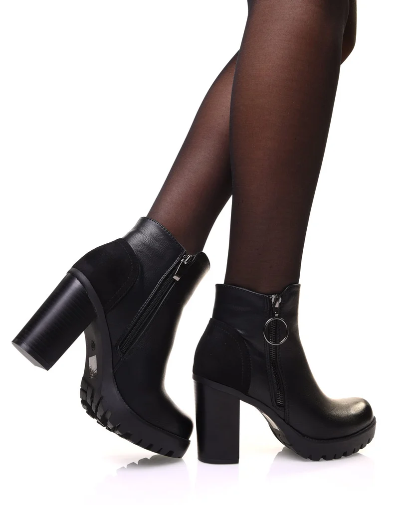 Bottines noires à talon avec fermeture éclaire décorative