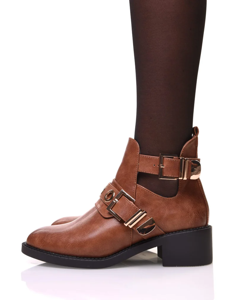 Bottines camelles ajourées à sangle décorative