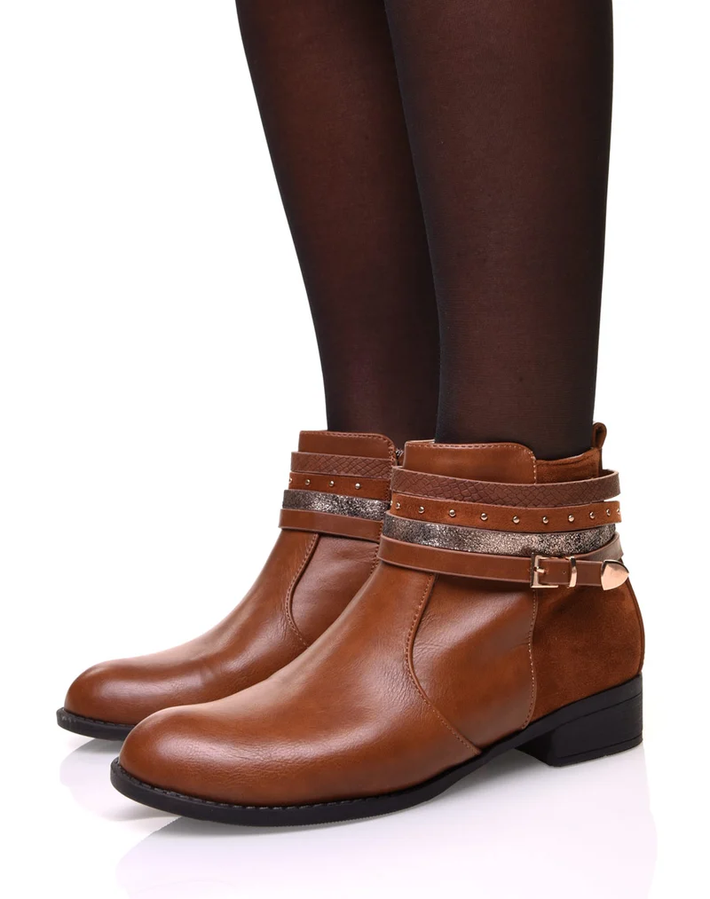 Bottines camelles bi matières avec fines sangles multiples