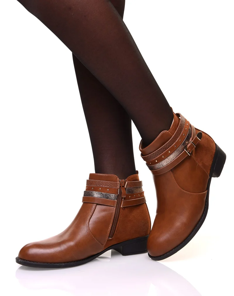 Bottines camelles bi matières avec fines sangles multiples