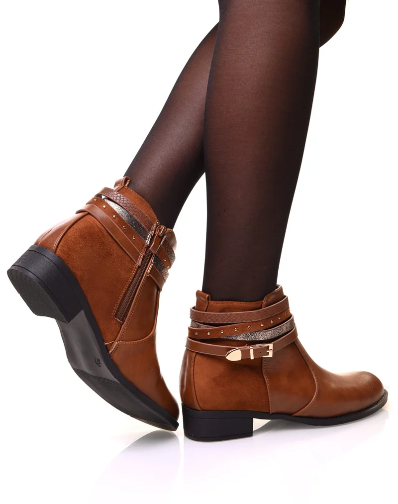 Bottines camelles bi matières avec fines sangles multiples