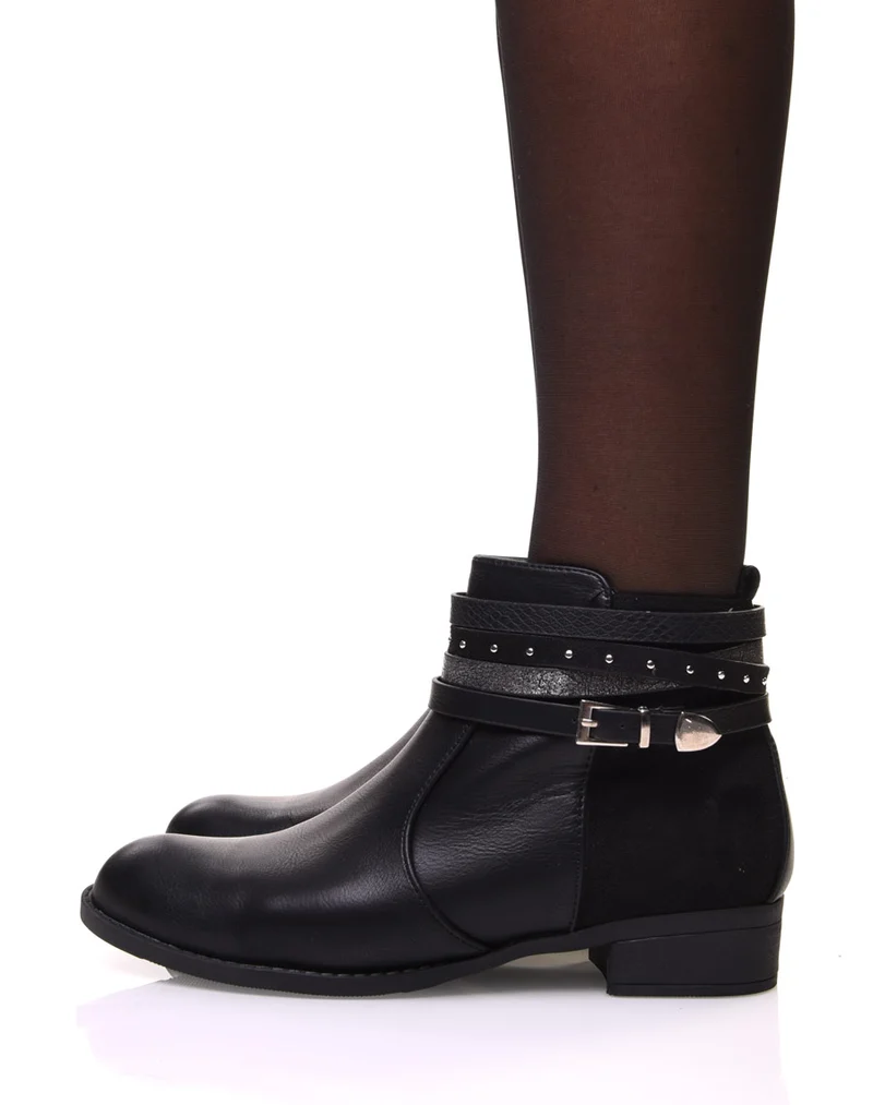 Bottines noires bi matières avec fines sangles multiples