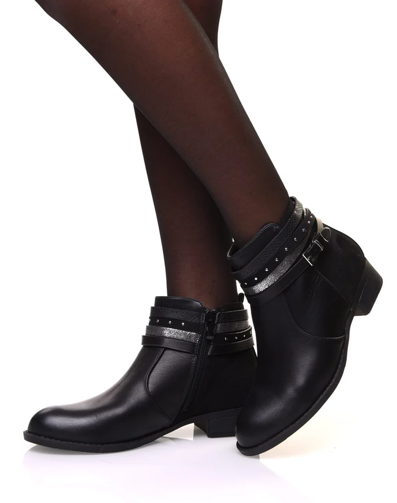 Bottines noires bi matières avec fines sangles multiples