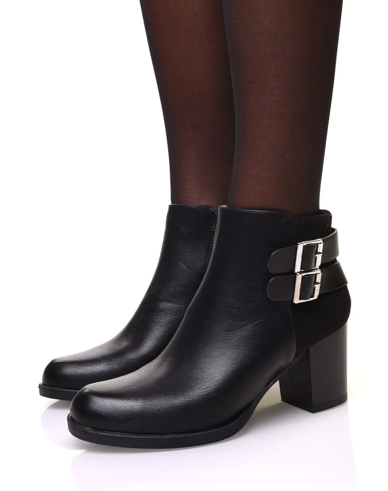 Bottines noires bi matières à talon mi haut