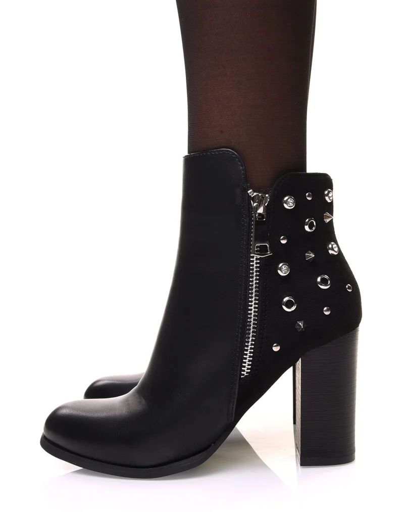Bottines noires bi matières à talons et détails cloutés