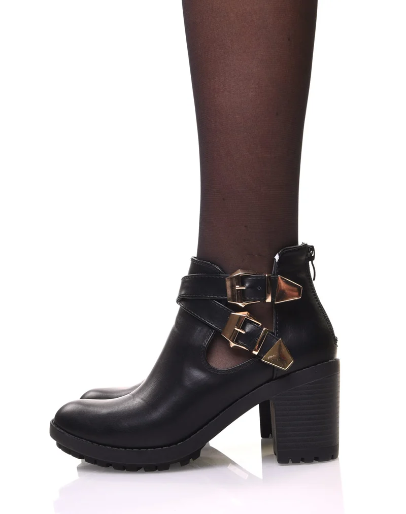 Bottines noires crantées à boucles croisées