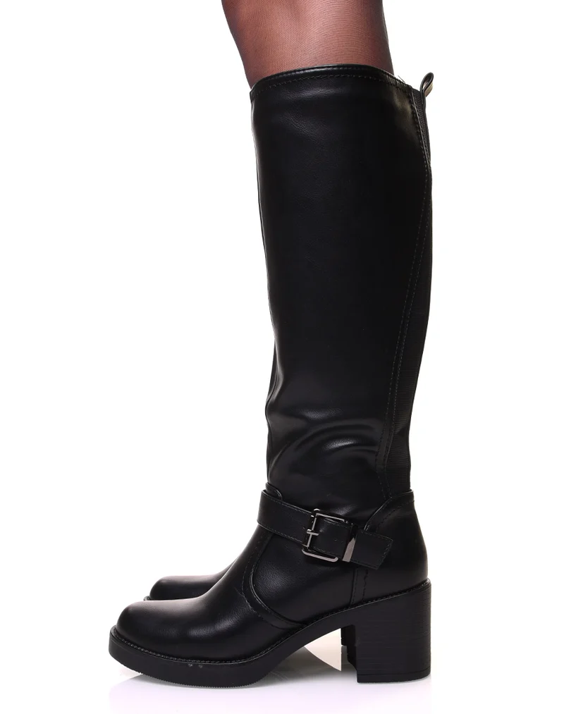 Bottes noires à sangles et talon épais