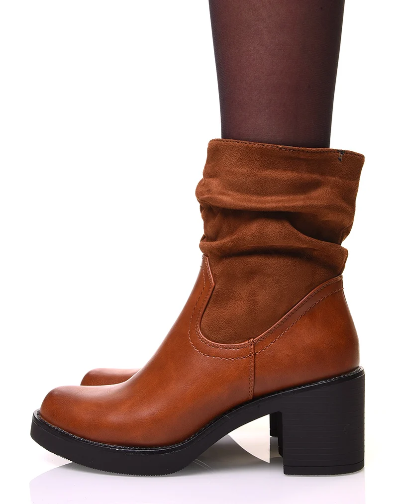 Bottines camelles à talon bi-matière