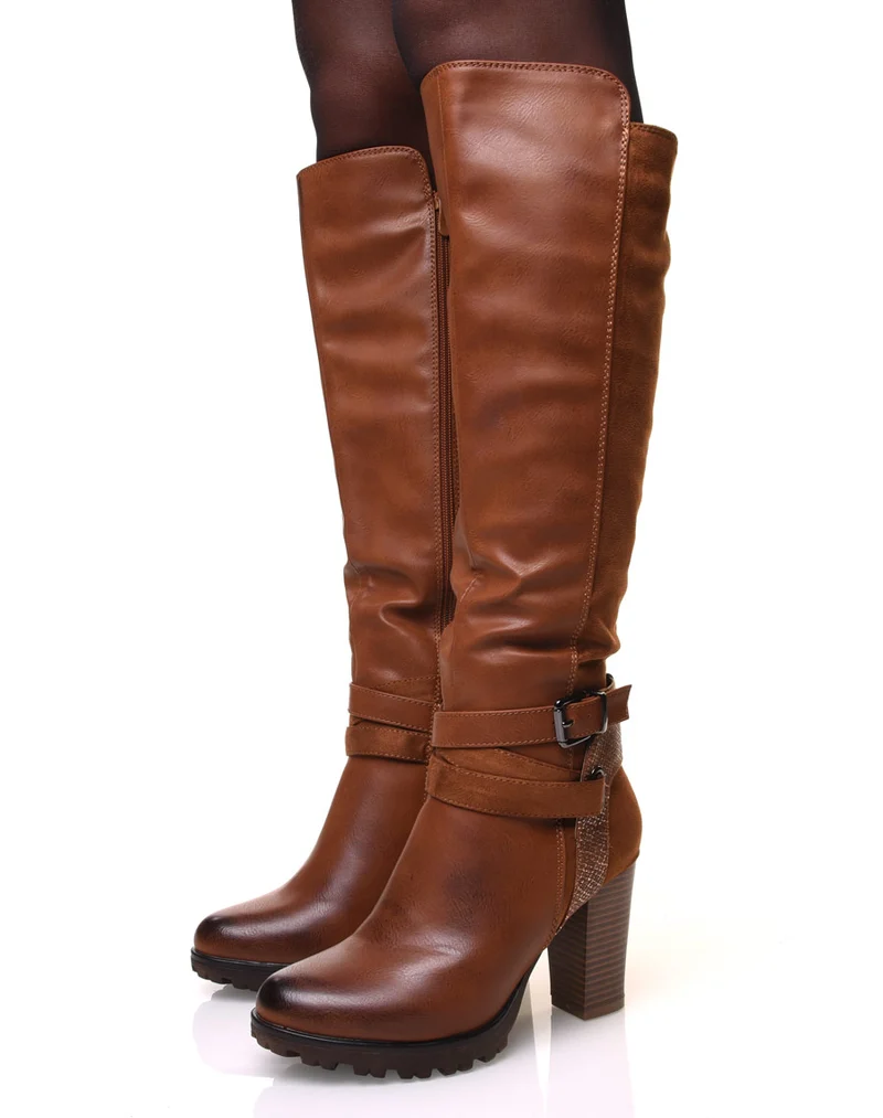 Bottes camelles bi-matière à talon haut