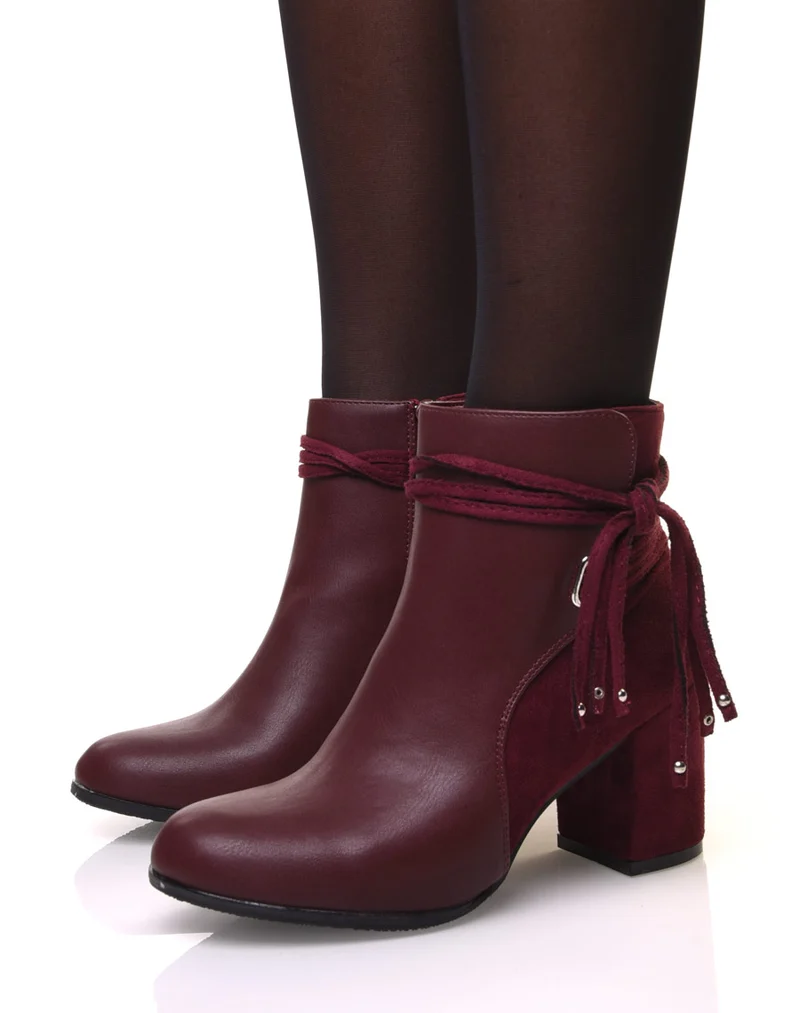 Bottines bordeaux bi-matière à talons et détails liens