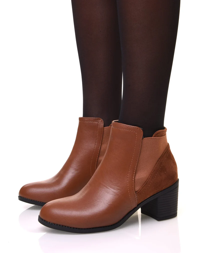 Bottines camelles bi-matière à talons