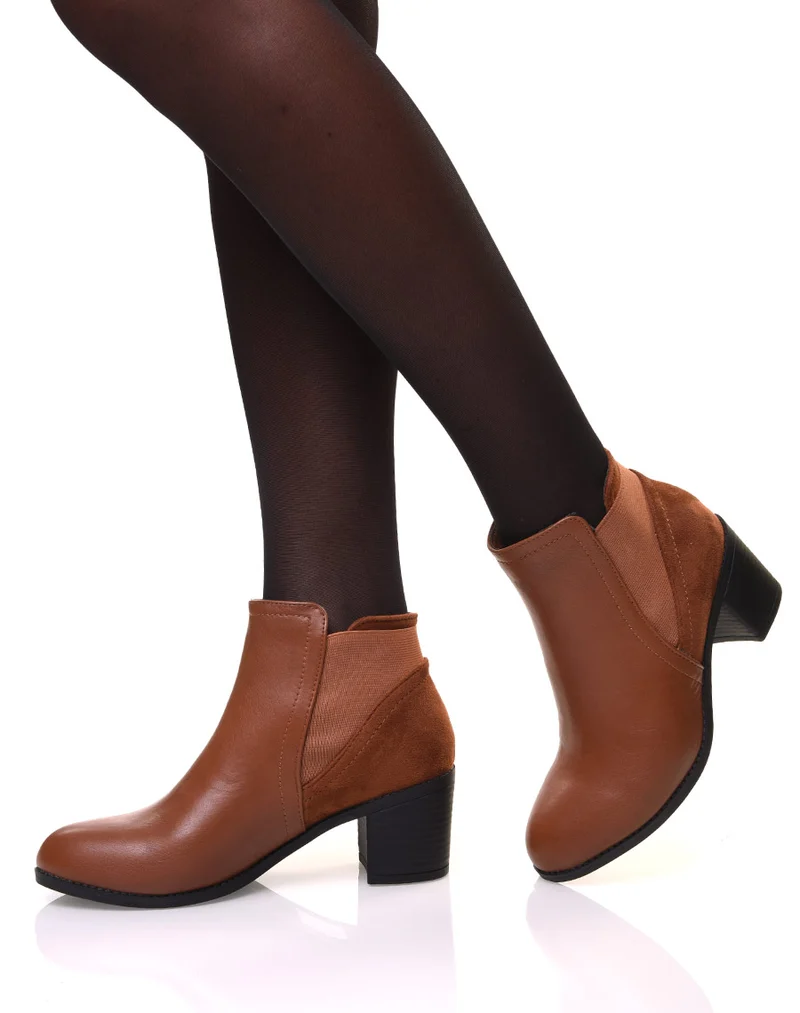 Bottines camelles bi-matière à talons