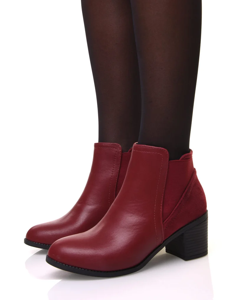 Bottines bordeaux bi-matière à talons