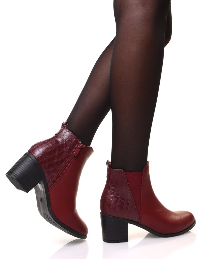 Bottines bordeaux à talons détail imprimé croco