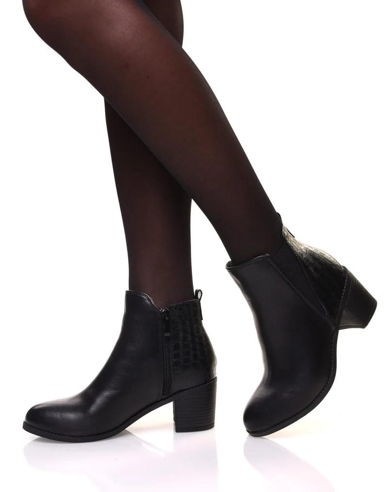 Bottines noires à talons détail imprimé croco