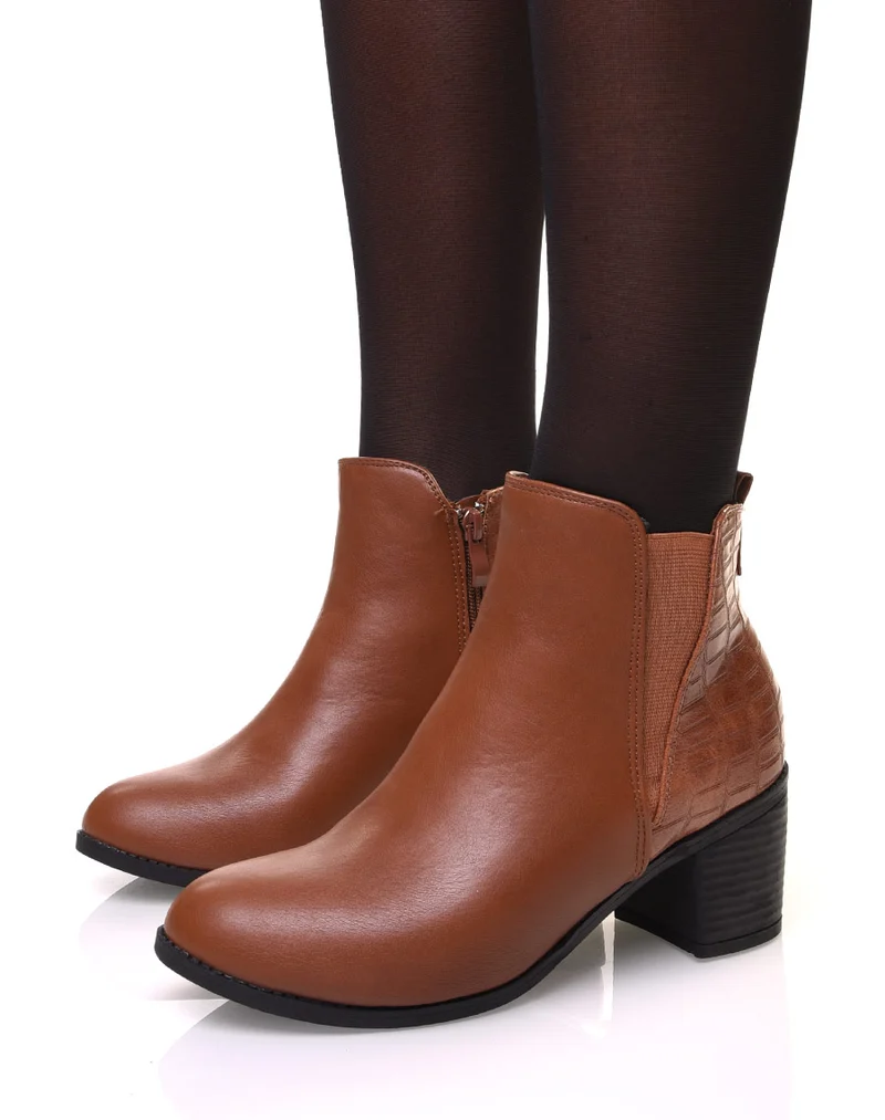 Bottines camelles à talons détail imprimé croco