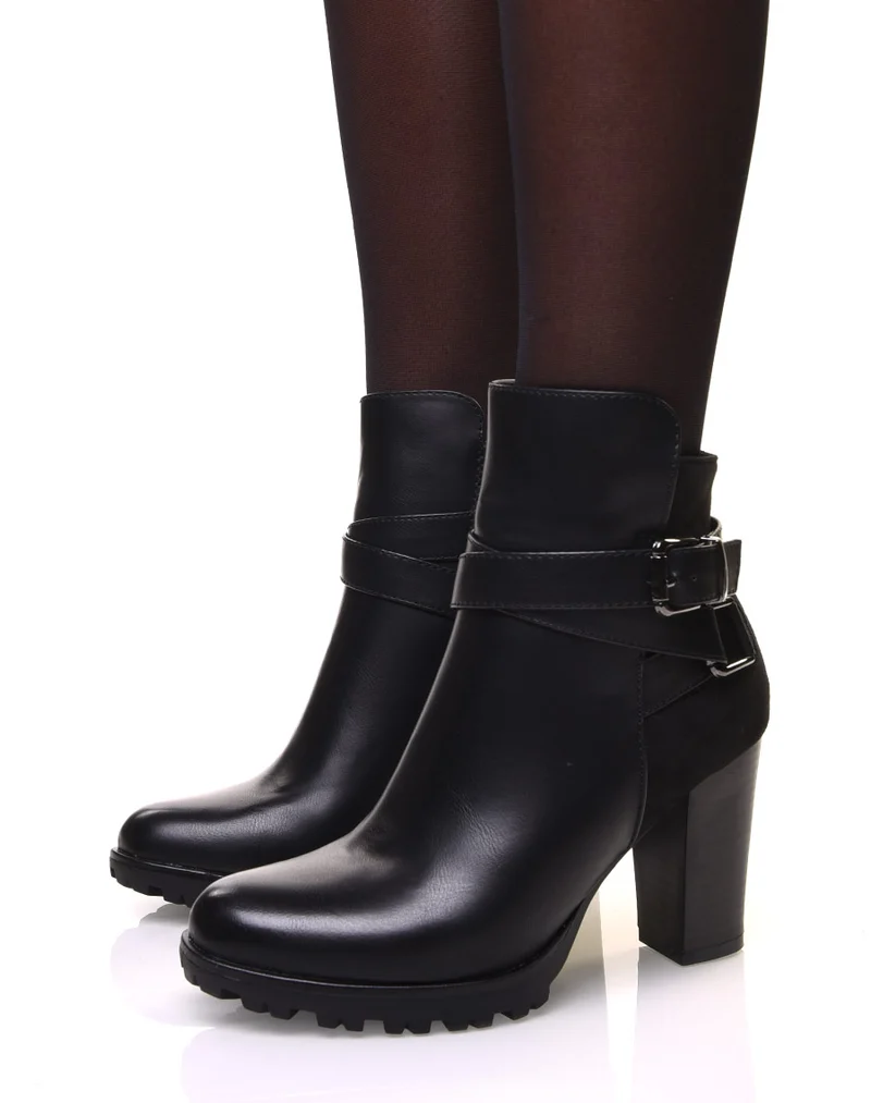 Bottines bi-matière noire à talon haut