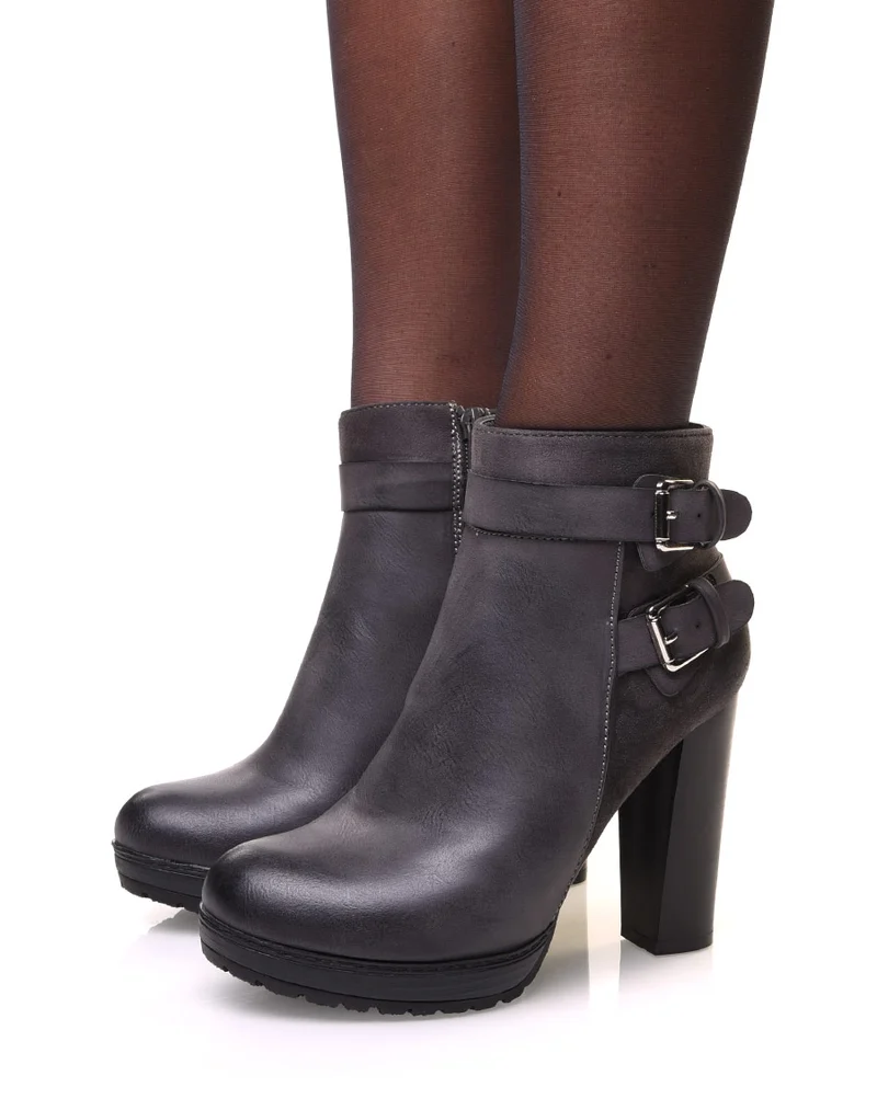Bottines grise à talons bi-matières