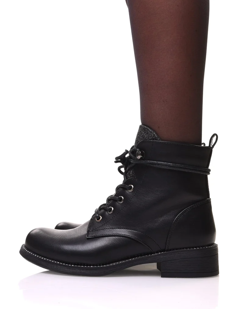 Bottines noires à lacets et languette pailletée