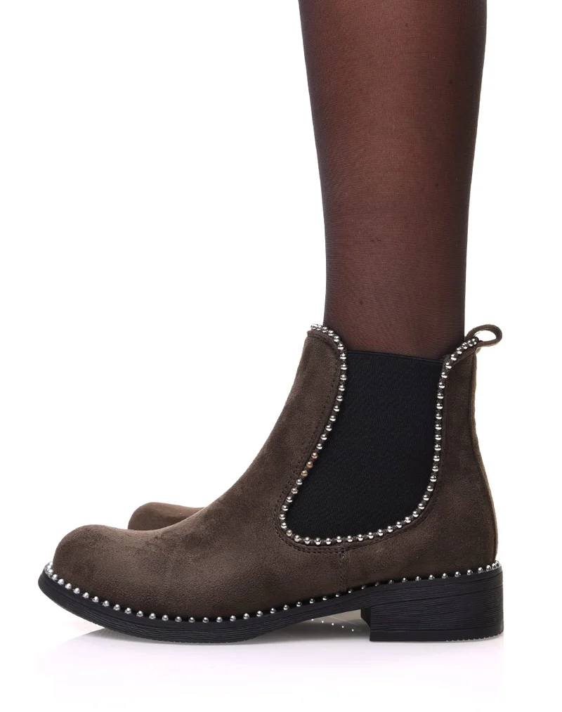 Chelsea boots kaki en suédine à détails perles