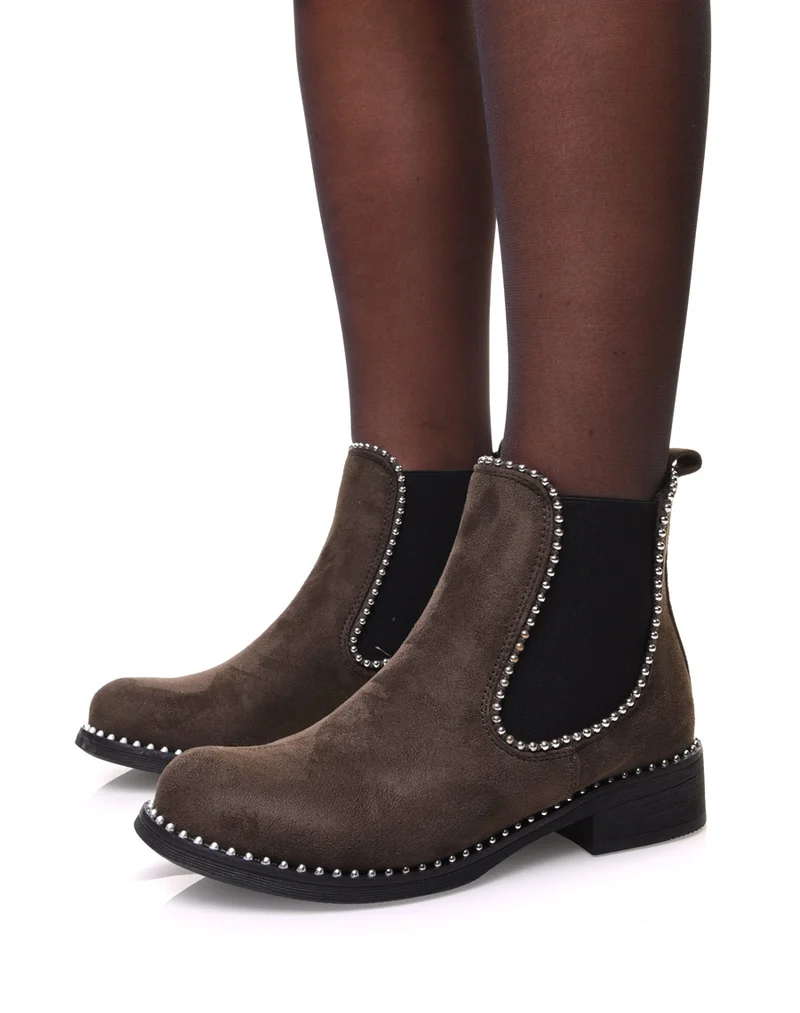 Chelsea boots kaki en suédine à détails perles