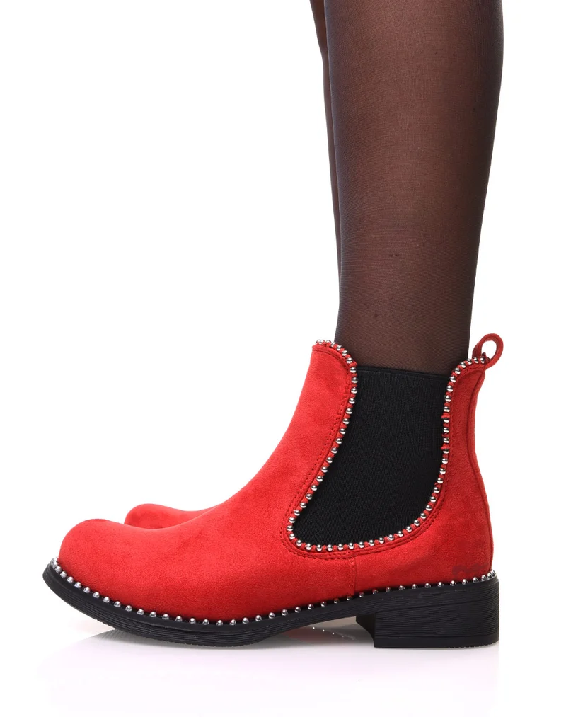 Chelsea boots rouges en suédine à détails perles