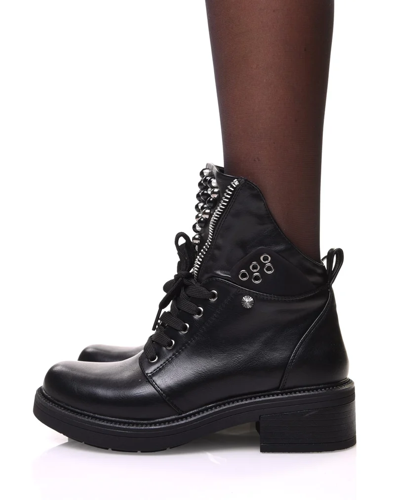 Bottines noires à languette zippée et perlée