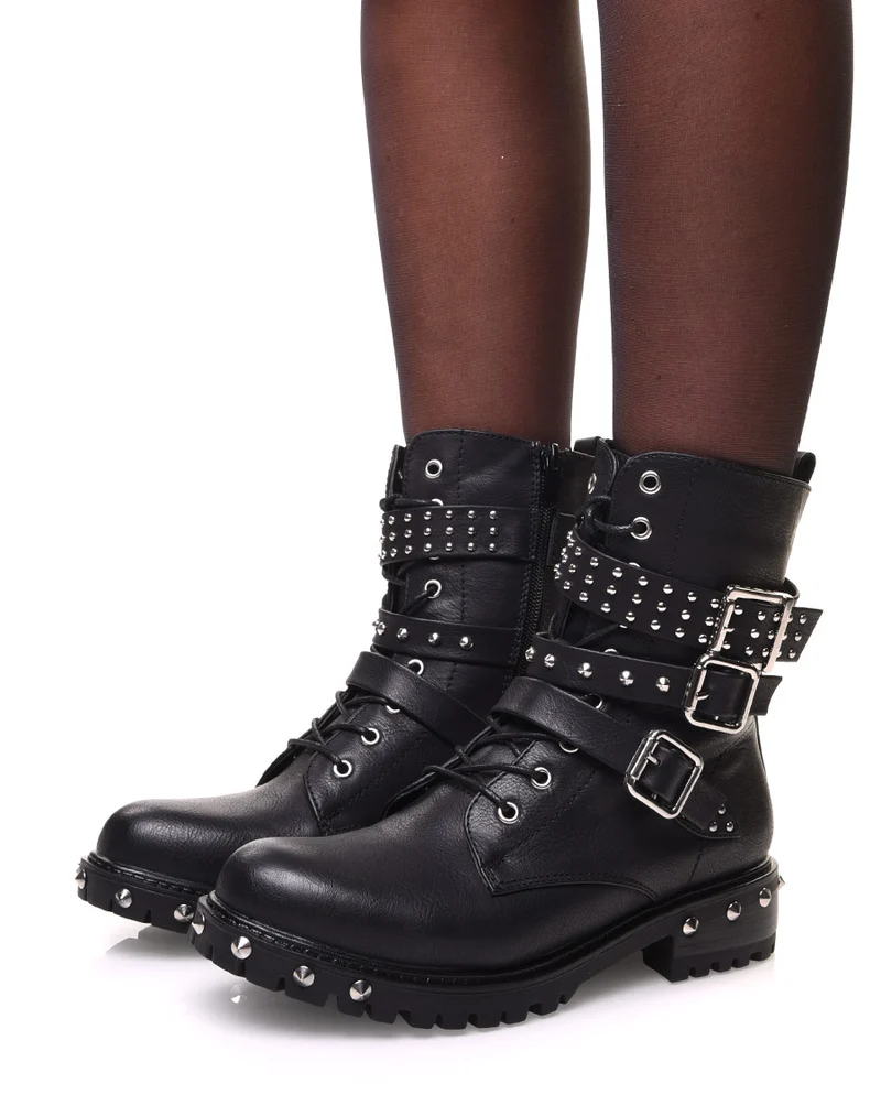 Bottines noires à sangles multiples & détails cloutés