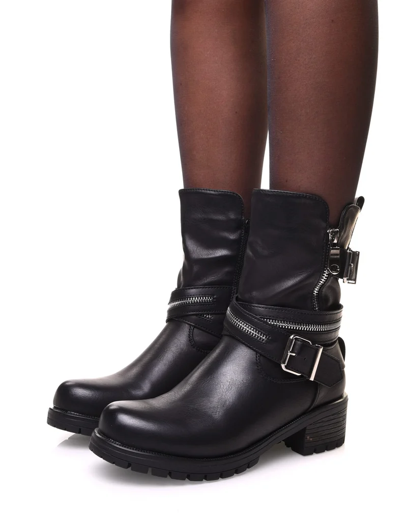 Bottines noires à sangles multiples & détails zippés