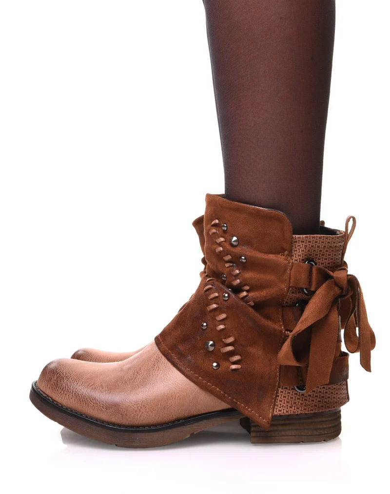 Bottines camelles à empiècements bi matières et nœud