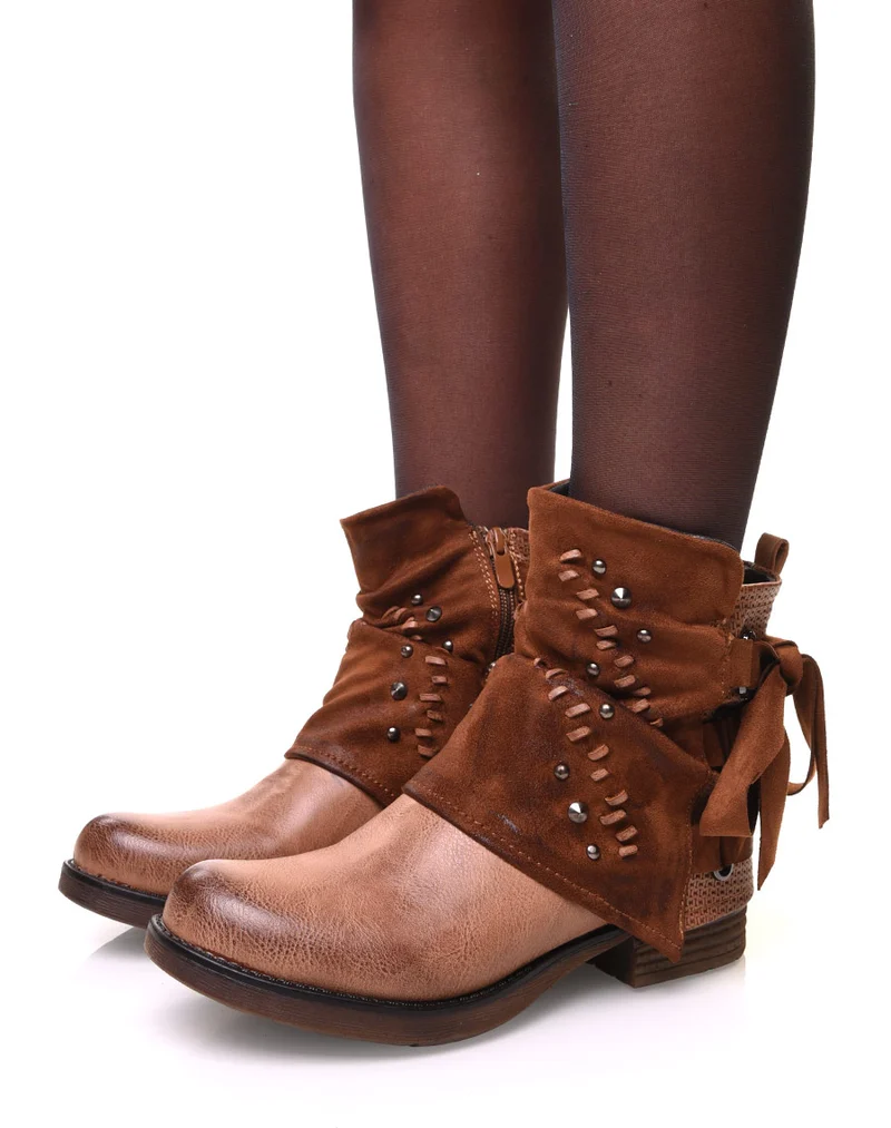 Bottines camelles à empiècements bi matières et nœud