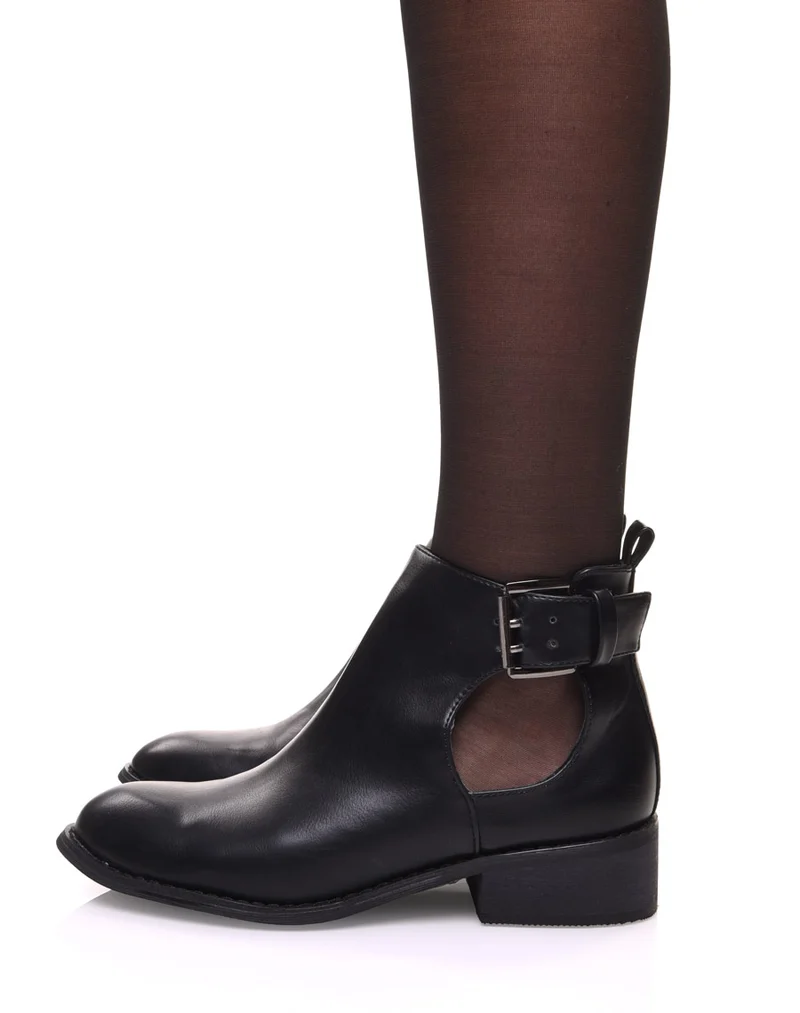 Bottines plates noires ajourées avec sangle